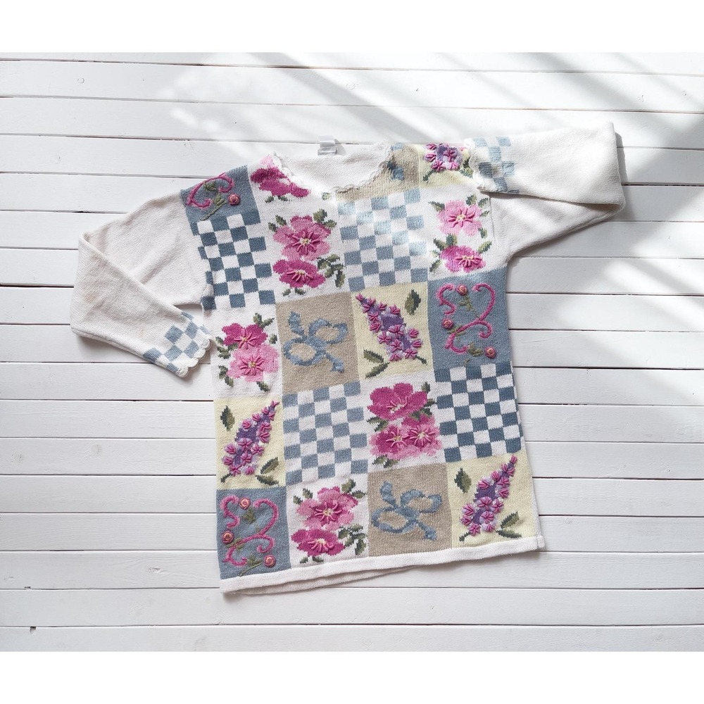 cottagecore sweater 80s 90s vintage‎ white pink floral embroidered sweater